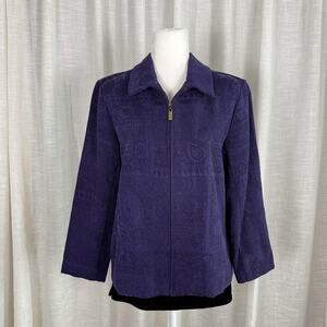 Dressbarn Jacket Womens Medium Purple Paisley Knit Full Zip Collared Classic